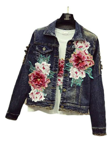 Jaqueta Jeans Feminina Bordada Floral Patch Ref. 205