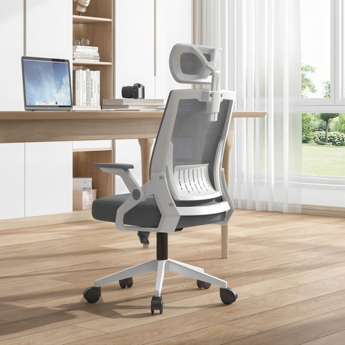 Silla Gamer Oficina Ergonómica Giratoria Con Reposacabezas Color Gris Con Blanco Material Del Tapizado Algodón