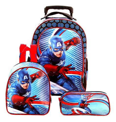 Kit Mochila Escolar Capitão América Avengers Com Rodinhas