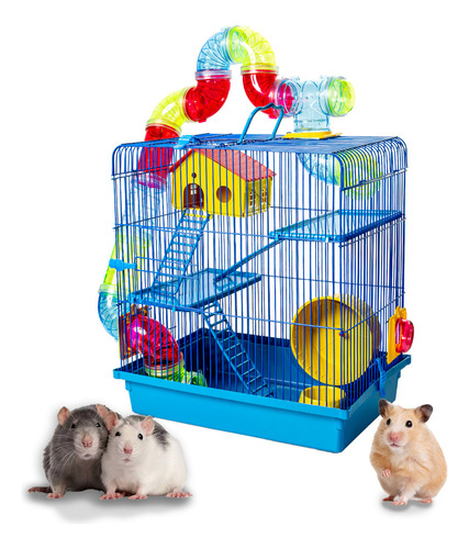 Gaiola Com Casinha E Tubo Para Hamster 3 Andares + Bebedouro Cor Azul