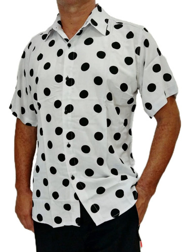 Camisa Masculina Social Slim Curta Estampada Bolinha Preta