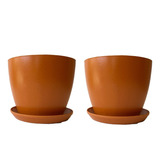 Set De 2 Maceteros Con Plato Actual Terracota 24x24x18 Cm