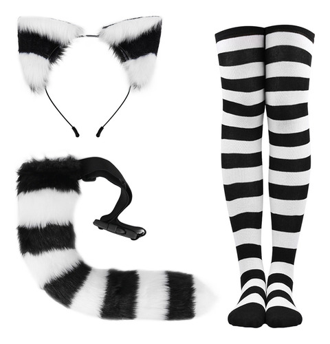 Conjunto De Cosplay De Calcetines Con Orejas De Gato A Rayas