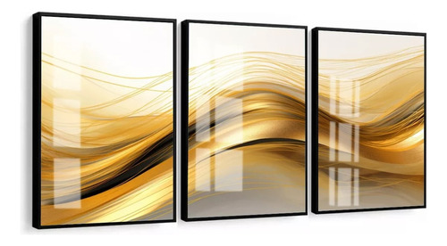 Quadros Decorativo Abstrato Dourado Onda Moldura 60x80 Vidro