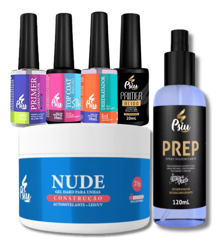 Kit Iniciante Unha De Fibra Gel Psiu Prep Primer Top Coat 