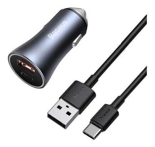 Carregador Veicular Turbo 40w Baseus Usb + Tipo C Com Cabo