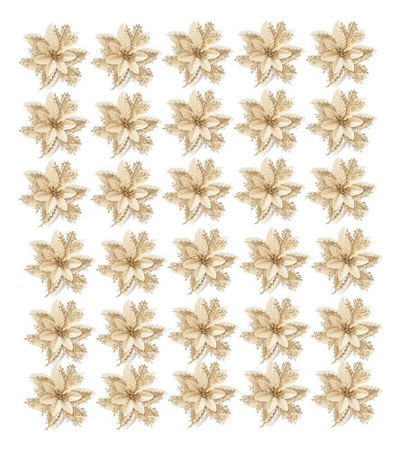 30 Flor Dourada Natalina Palha Telada Glitter Enfeite Árvore