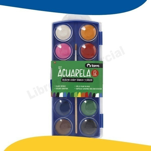 Acuarela Sólida Más Pincel 12 Colores Torre Color Azul