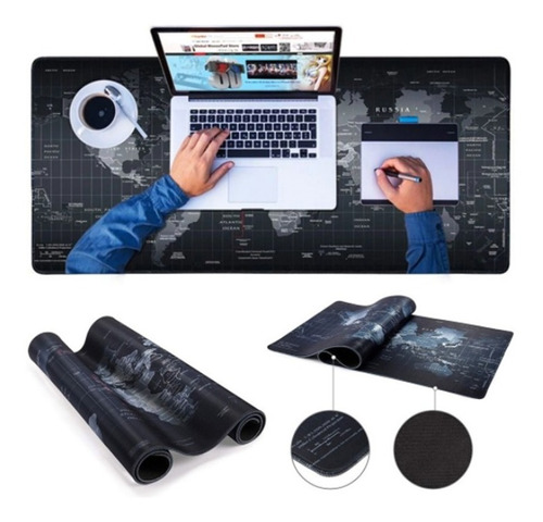 Mouse Pad Xl, Diseño Mapa Del Mundo, Negro. Medidas 90x40.