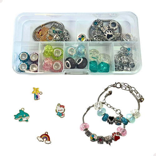 Kit Diy Pulseiras Prateadas Berloques Miçangas Menina Montar