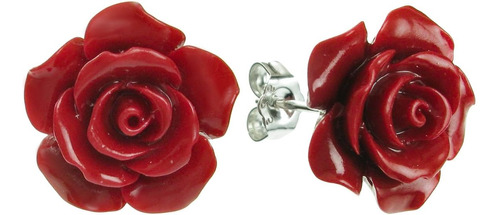 Pendientes De Plata De Ley Con Rosa De Coral Rojo Simulado,