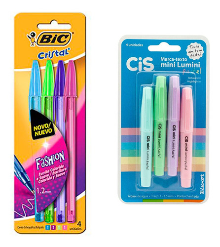 Caneta Bic Fashion 4 Cores + Marca Texto Mini Cis Pastel