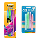 Caneta Bic Fashion 4 Cores + Marca Texto Mini Cis Pastel