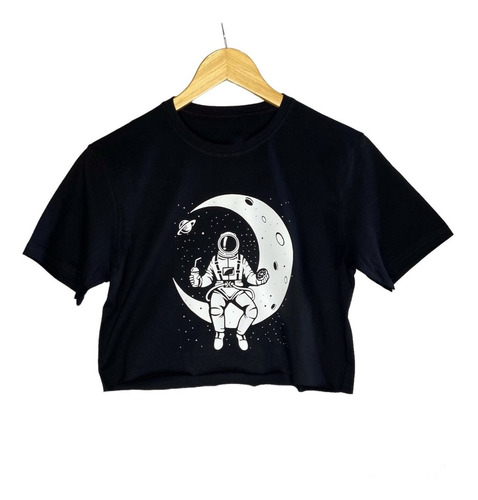 Camiseta Crop Top, Corta Estampado Hombre En La Luna