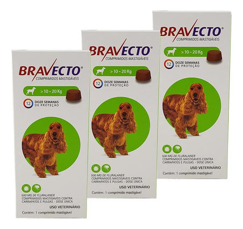 Combo De 3 Bravecto Para Cães De 10 A 20kg - 500mg - Msd