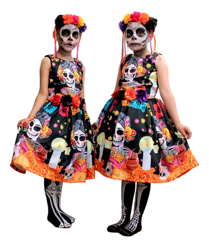 Vestido  De Catrina Con Diadema De Flores