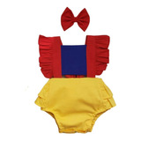 Romper Branca De Neve Com Tiara Mesversário Roupa Bebê Body