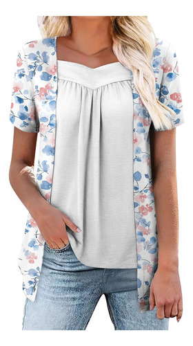 Blusa Mujer Cuello Redondo Estampada Casual Falsa De Dos Pie