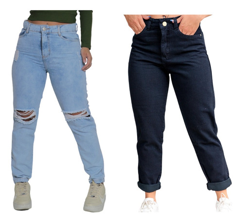 Kit 2 Calça Jeans Feminina  Mom Wide Leg Cintura Alta 
