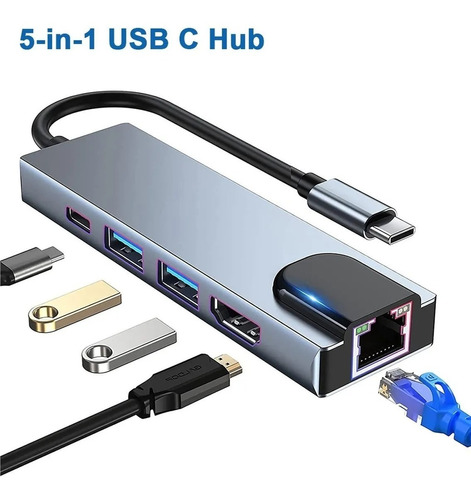 Hub Adaptador Usb-c 5 En 1 Ethernet, Hdmi, 2 X Usb3.0, Usb-c