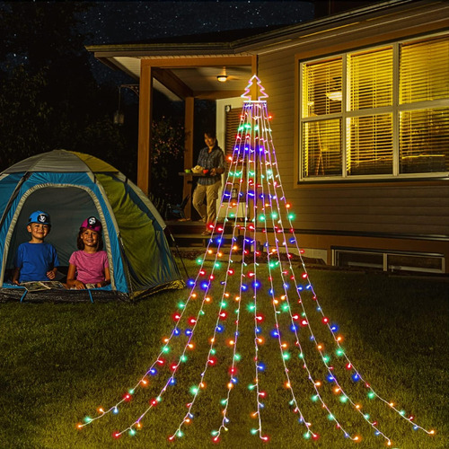 Luces Cascada De Arbol Navidad Con Estrella Solar De Colores