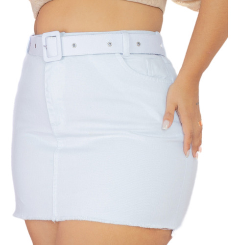 Saia Jeans Plus Size Branco Cintura Alta Com Cinto