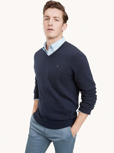 Sweater Básico Signature V-neck Hombre Tommy Hilfiger Azul