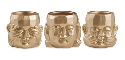 Kit Cachepot Buda Dourado Decorativo Cimento Expressões 3 Pc