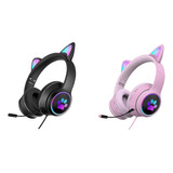 2 Uds. Auriculares Con Cable De Oreja De Gato Con Luz Rgb