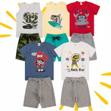 Kit 4 Conjunto Infantil Camiseta Com Bermuda Moletom Menino