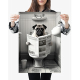 Quadro Poster Decoração Cachorro Sentado No Vaso Lendo Pug