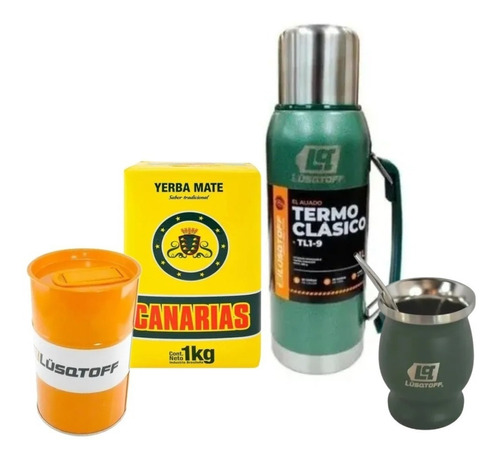 Combo Termo Acero 1l + Yerbera + Mate + Yerba Canarias 1kg