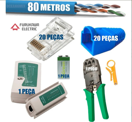 Kit 80m Cabo Rede Furukawa + 20 Rj45 + Teste + Alicate + Bat