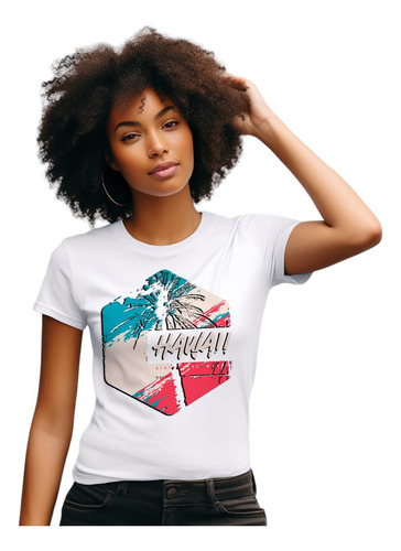 Camiseta Feminina Branca Hawaii Palmeira Verão Praia Mar