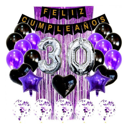 Combo Globos Kit Deco Feliz Cumple Morado Y Negro+cortina