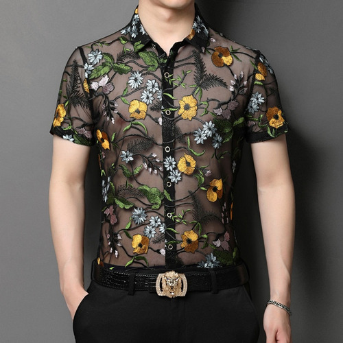 Camisas De Malla Con Flores Bordadas Para Hombre, Ropa De Cl