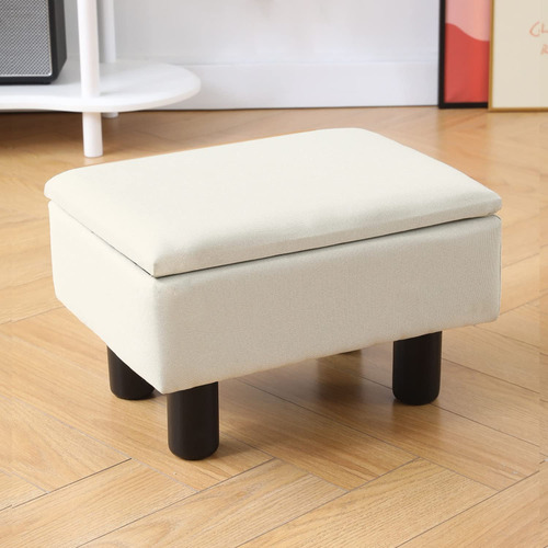 Taburete Pequeño Rectangular Tapizado Color Crema Para Sala