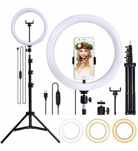 Iluminador Ring Light Anel Luz 26cm Mak Fotos+tripé 2 Metros Cor Da Estrutura Preto Cor Da Luz 3000 6000 K 110v/220v