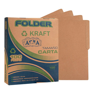 APSA | Folder Tamaño Carta Kraft Biodegradable | Paquete Económico 100 Piezas | Carpeta Reciclable para Documentos | Papel Ecológico con Media Ceja | Papelería Hecha en México | MercadoLibre
