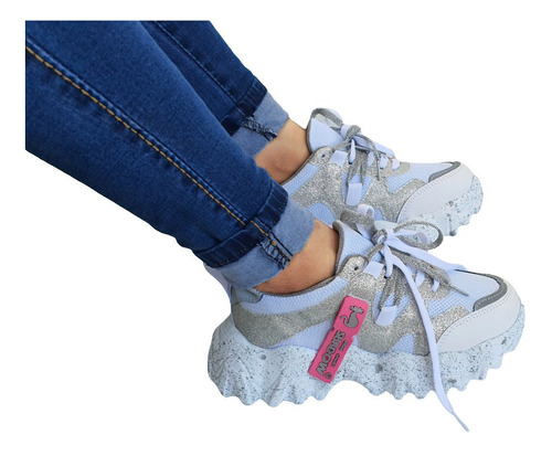 Tenis Chunky Barbie Blanco Plata Dama Plataforma Sneakers 