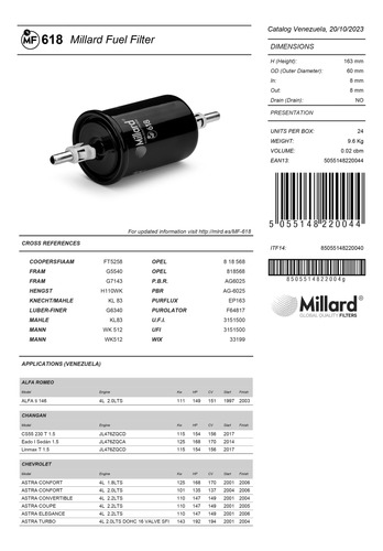 Filtro De Combustible Millard Mf-618 Aveo Corsa Luv-d Max Foto 3
