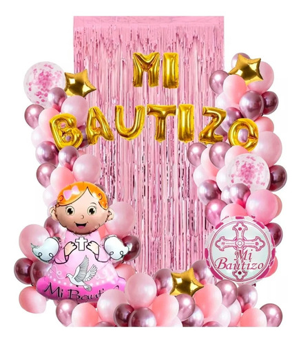 Decoración Globos Bautizo Rosado Niña Dorado Cortina