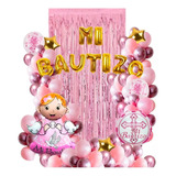 Decoración Globos Bautizo Rosado Niña Dorado Cortina