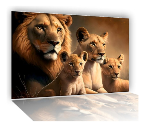 Quadro Decorativo Leão Familia 2 Filhotes Grande 90x60 Sala