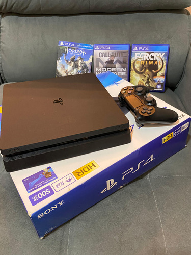 *ps4 Slim 500gb Preto*  + 1 Controle Original  + 4 Jogos (far Cry Primal, Call Of Duty Mw, Horizon, Gran Turismo 7)  + Cabo Hdmi E Manuais  Produto Im