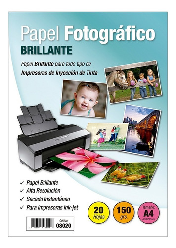 Papel Fotográfico Inkjet Glossy A4 150gr X 20 Hojas - 8020 Color Blanco