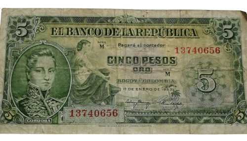 Billete Colombiano  De 5 Pesos De 1953