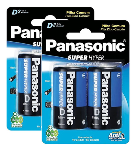 4 Pilhas Grande D Panasonic - 2 Cartelas R20