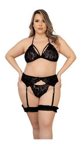 Conjunto Babydoll Lencería Encaje Liguero Ligas Mujer Curvy