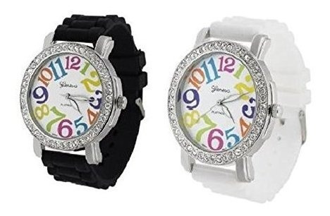 Reloj Mujer Grande Redondo Silicona Blanca Y Negra 2 Pack